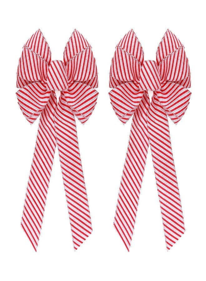 Meseey 2 Pcs 16 x 8 Inch Large Christmas Candy Red Bows Wreaths Peppermint Bow for Gift Wrapping Tree Topper Front Door Home Decorations - Image 1